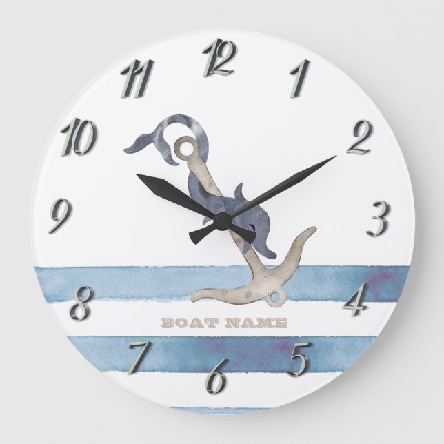 Grande Horloge Ronde Nom du bateau nautique, Ancre Dauphin Stripes (Recto)