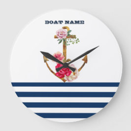 Grande Horloge Ronde Nom du bateau nautique, Ancre, Flore Navy Blue Str
