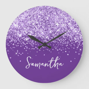 Grande Horloge Ronde Nom écriture royale violet pailleté lavande