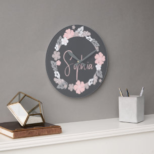Grande Horloge Ronde Nom floral personnalisé rose