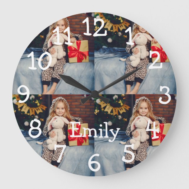 Grande Horloge Ronde Nom personnalisé 4 Photos Collage (Recto)