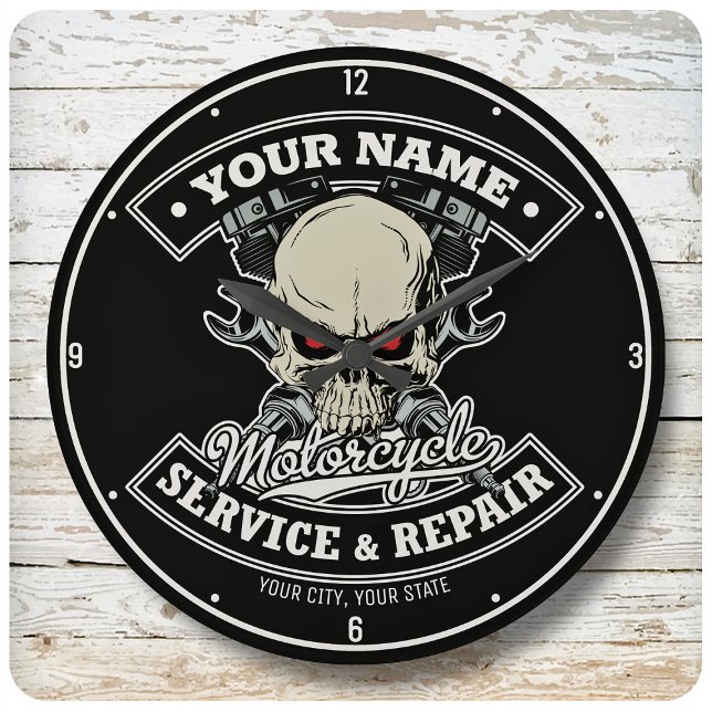 Grande Horloge Ronde Nom personnalisé Biker Mécanique Skull Motorcycle  (Créateur téléchargé)