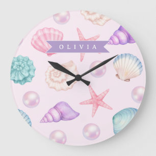 Grande Horloge Ronde Nom personnalisé côtier coquillage pastel personna