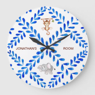Grande Horloge Ronde Nom personnalisé de l'éléphant de singe bleu et bl