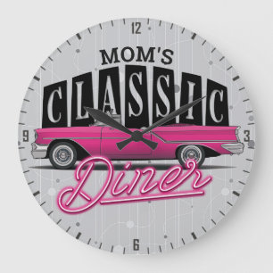 Grande Horloge Ronde Nom personnalisé Faux Neon 50's Classic Car