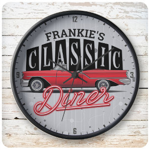 Grande Horloge Ronde Nom personnalisé Faux Neon 50's Classic Car