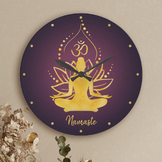 Grande Horloge Ronde Nom personnalisé Lotus & Om Yoga Namaste