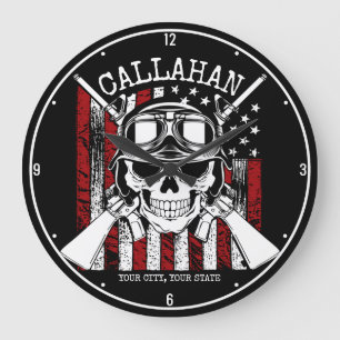 Grande Horloge Ronde NOM personnalisé Soldat Crâne Double Armes USA Dra