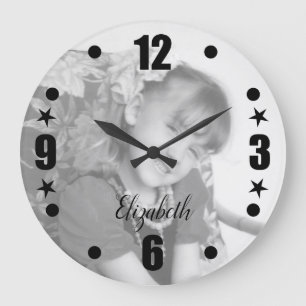 Grande Horloge Ronde Nom photo noir et blanc personnalisé