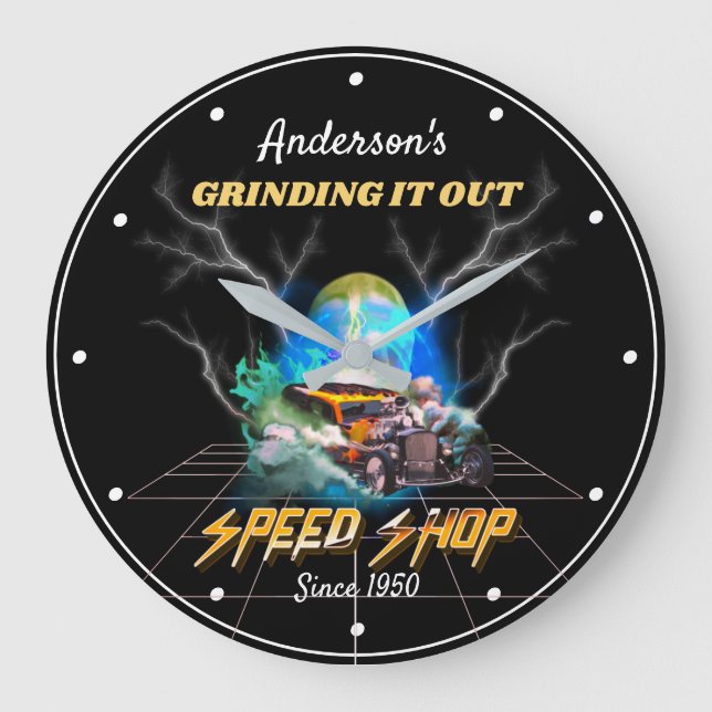 Grande Horloge Ronde Nom Speed Shop Slogan Hotrod Burnout Noir (Recto)