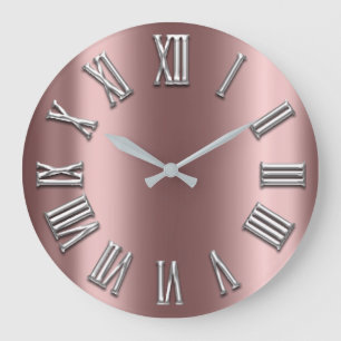 Grande Horloge Ronde Nombre romain argenté gris en métal gris rose d'or