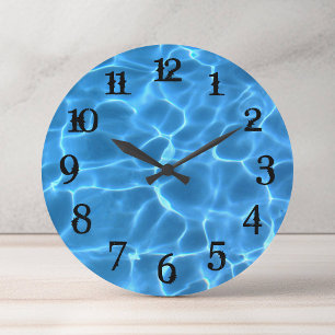 Grande Horloge Ronde Nombres de Splash Noir Piscine Aqua Bleu