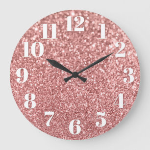 Grande Horloge Ronde Nombres Modernes Faux Paillettes Rose Gold Brillan