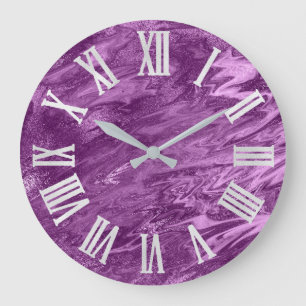 Grande Horloge Ronde Nombres romains argentés gris métalliques violet