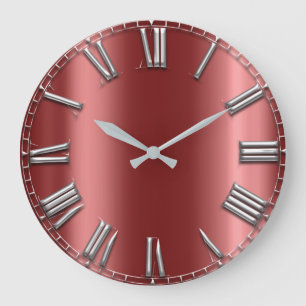 Grande Horloge Ronde Nombres romains argentés rouges métalliques gris