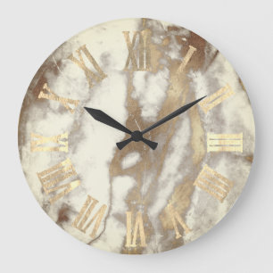 Grande Horloge Ronde Nombres romains d'or de pierre grise ene ivoire de
