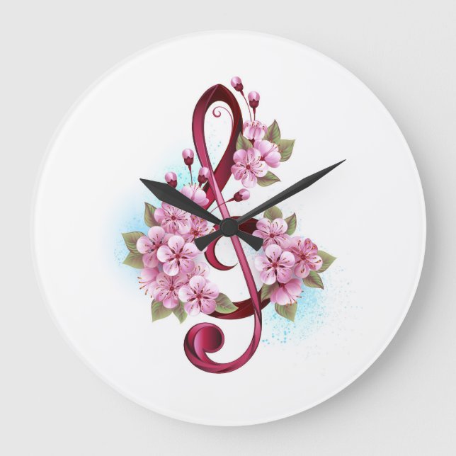 Grande Horloge Ronde Notes de clé de sol avec fleurs de Sakura (Recto)