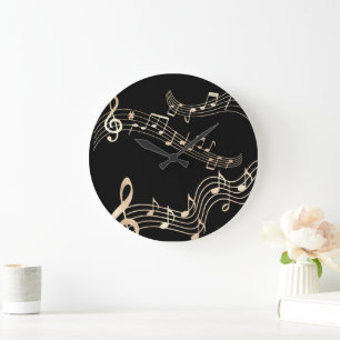 Grande Horloge Ronde Notes de musique dorées sur fond noir moyen
