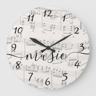 Grande Horloge Ronde Notes musicales élégantes avec script