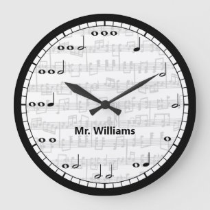 Grande Horloge Ronde Notes musicales en noir et blanc personnalisées H