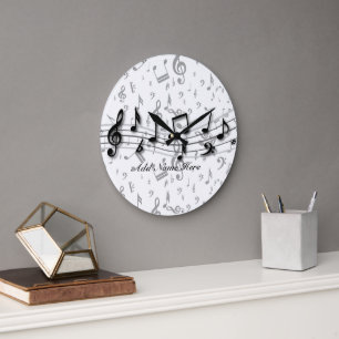 Grande Horloge Ronde Notes musicales noires et grises personnalisées
