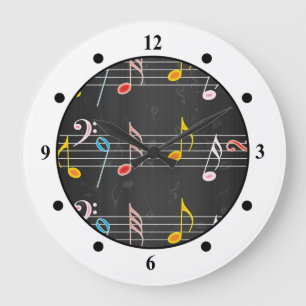 Grande Horloge Ronde Notes ouvrières de musique sur le noir