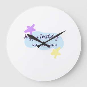 Grande Horloge Ronde Nuages bleus pastel étoiles violet joyeux annivers