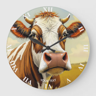 Grande Horloge Ronde Nuages de terrain de vache mignonne Imaginaire