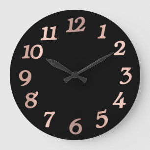 Grande Horloge Ronde Numéros arabes minimaux Noir Rose Gold Blush