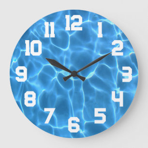 Grande Horloge Ronde Numéros Athlétiques Blancs Piscine Bleu Aqua