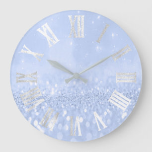 Grande Horloge Ronde Numéros de reliure Blue Sky Gray Silver Glitter Me