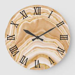 Grande Horloge Ronde Numéros romains noirs Faux Golden Agate