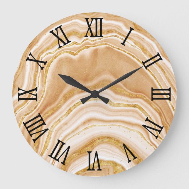 Grande Horloge Ronde Numéros romains noirs Faux Golden Agate (Recto)