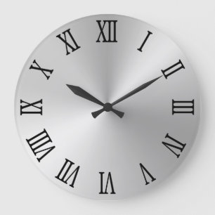Grande Horloge Ronde Numéros Romains Noirs Lumière Ombre Argent