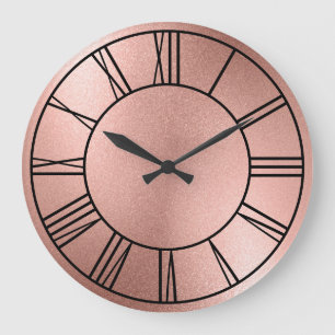 Grande Horloge Ronde Numéros romains noirs roses Gold Foil