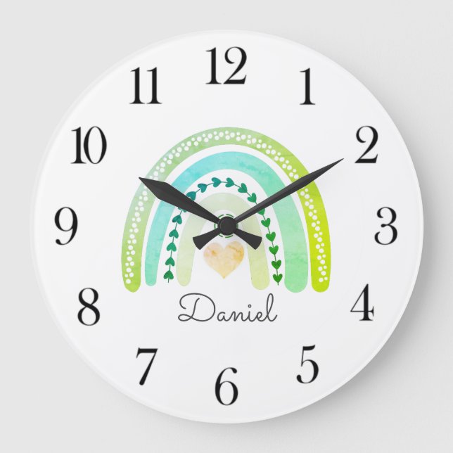 Grande Horloge Ronde Nurserie Bohème Arc-en-Ciel Aquarelle Personnalisé (Recto)