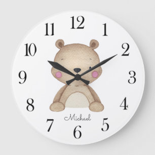 Grande Horloge Ronde Nurserie personnalisée avec ours en aquarelle
