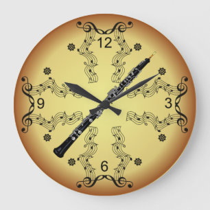 Grande Horloge Ronde Oboe ~ Scroll musical ~ Arrière - plan d'or ~