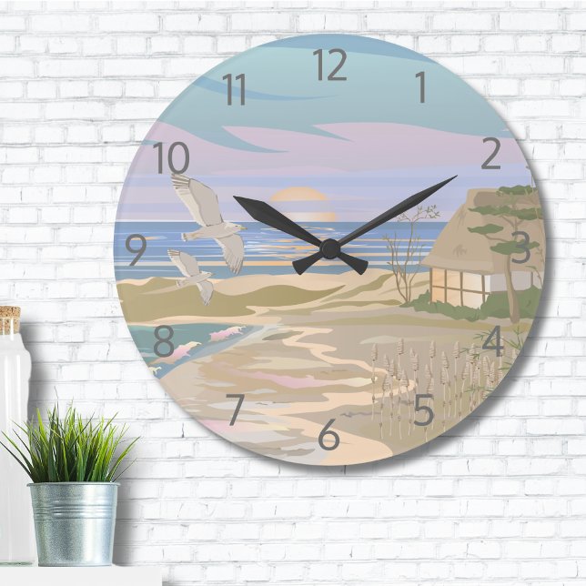 Grande Horloge Ronde Ocean Art Beach (Cute Ocean Pastel Coastal Art Blue Beach Large Clock)