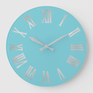 Grande Horloge Ronde Océan Bleu Argent Métallique Gris Romain Numéros