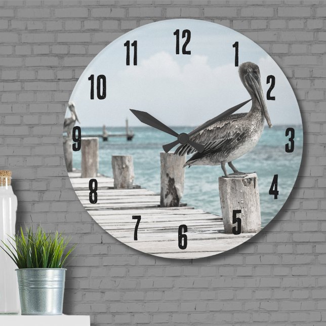 Grande Horloge Ronde Océan côtier Pélican (Beautiful Brown Pelicans Ocean Coastal Beach Large Clock)