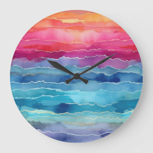 Grande Horloge Ronde Ocean Waves Watercolor Arc en ciel