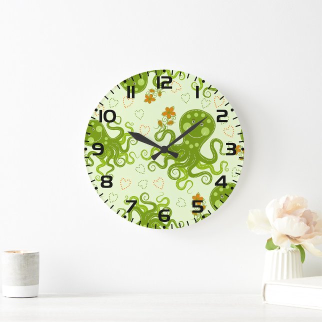 Grande Horloge Ronde Octopes Vertes Avec Fleurs (Créateur téléchargé)