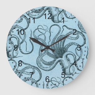 Grande Horloge Ronde Octopus bleu