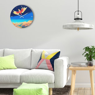 Grande Horloge Ronde Oiseau coloré survolant les montagnes