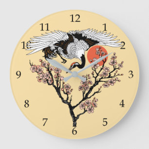 Grande Horloge Ronde Oiseau de grue japonais et sakura en fleurs