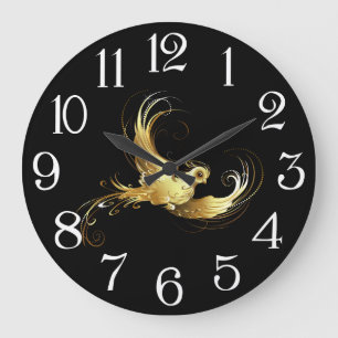 Grande Horloge Ronde Oiseau d'or sur Arrière - plan noir