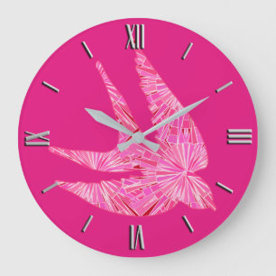 Grande Horloge Ronde Oiseau géométrique moderne, Fuchsia et rose clair