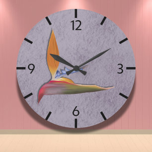 Grande Horloge Ronde Oiseau moderne violet tropical du paradis tiré à l
