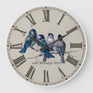 Grande Horloge Ronde Oiseaux bleus vintages illustré